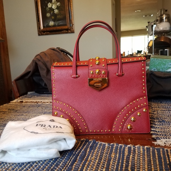 SOLD@! Prada Red Studded Cuir Handbag - Picture 7 of 8